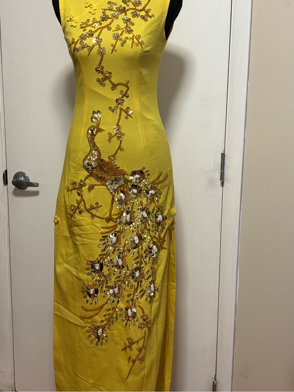 Yellow Embellished Peacock Maxi vintage Dress.
